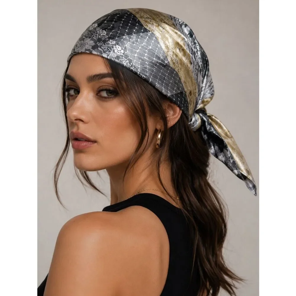 Rare Luxury JACQUARD CHARCOAL BOHEMIAN SCARF PLATINUM GOLD 19”x19”